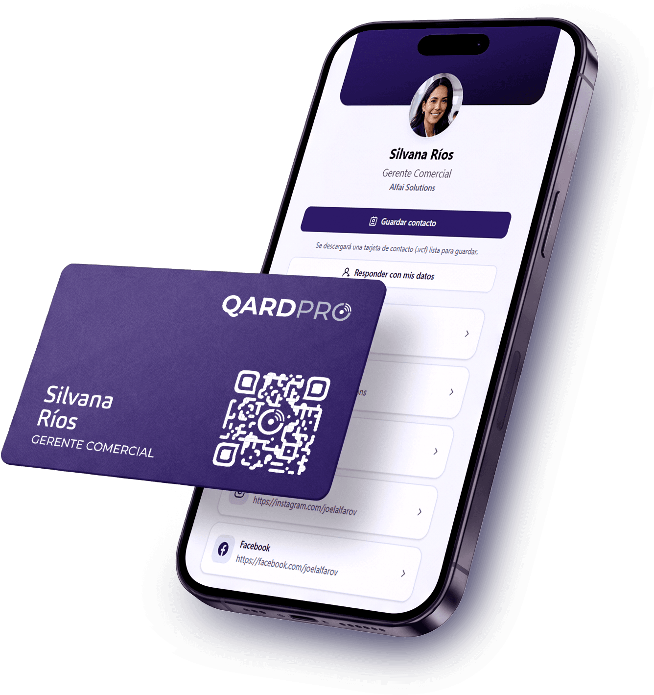 Tarjeta QARDPRO de ejemplo: frente con nombre, apellido y cargo grabados, y reverso con código QR